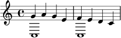 <<
\relative c'' { \time 4/4 g4 a g e | f e d c | }
\\
\relative c { c1 | c1 | }
>>
