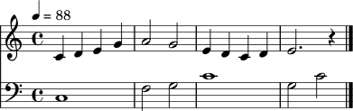 <<
\new Staff \relative c' {
\clef treble
\key c \major
\time 4/4
\tempo 4=88
c4 d e g | a2 g | e4 d c d | e2. r4 \bar "|."
}
\new Staff \relative c {
\clef bass
\key c \major
\time 4/4
c1 | f2 g | c1 | g2 c \bar "|."
}
>>