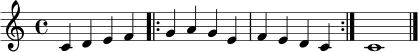 \relative c' {
\clef treble
\time 4/4
c4 d e f |
\repeat volta 2 { g4 a g e | f4 e d c | }
c1 \bar "|."
}