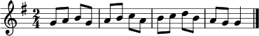 \relative c'' { \key g \major \time 2/4 g8 a b g | a b c a | b c d b | a g g4 \bar "|." }