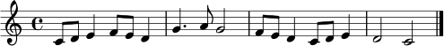 \relative c' {
\key c \major
\time 4/4
c8 d e4 f8 e d4 | g4. a8 g2 | f8 e d4 c8 d e4 | d2 c \bar "|."
}