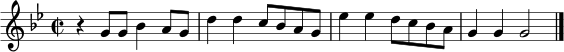 \relative c'' { \key g \minor \time 2/2 r4 g8 g bes4 a8 g | d'4 d c8 bes a g | ees'4 ees d8 c bes a | g4 g g2 \bar "|." }