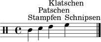 \relative c' {
\clef percussion
\time 4/4
c4^\markup { "Stampfen" } d^\markup { "Patschen" } e^\markup { "Klatschen" } f^\markup { "Schnipsen" }
\bar "|."
}