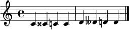 \relative c' {
\clef treble
\time 4/4
c4 cisis c! c | d deses d! d
\bar "|."
}