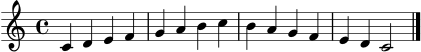 \language "deutsch"
\score {
\new Staff {
\clef treble
\key c \major
\time 4/4
c'4 d'4 e'4 f'4 | g'4 a'4 h'4 c''4 | h'4 a'4 g'4 f'4 | e'4 d'4 c'2 \bar "|."
}
\layout { }
\midi { \tempo 4 = 88 }
}