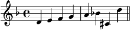 X:5
M:4/4
L:1/4
K:Dm
D E F G|A _B ^C d||