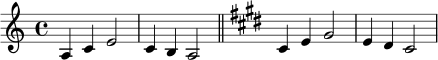 \relative c' {
\time 4/4
\key a \minor
a4 c e2 | c4 b a2 |
\bar "||"
\key cis \minor
cis4 e gis2 | e4 dis cis2 |
}