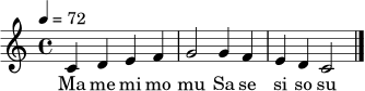 \relative c' {
\clef treble
\key c \major
\time 4/4
\tempo 4=72
c4 d e f | g2 | g4 f e d | c2 \bar "|."
}
\addlyrics { Ma me mi mo mu Sa se si so su }