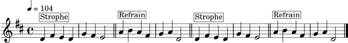 
\version "2.24.1"
\header { tagline = "" }
\score {
  \new Staff \relative c' {
    \clef treble
    \key d \major
    \time 4/4
    \tempo 4 = 104
    d4^\markup { \box "Strophe" } fis e d | g fis e2 \bar "||"
    a4^\markup { \box "Refrain" } b a fis | g a d,2 \bar "||"
    d4^\markup { \box "Strophe" } fis e d | g fis e2 \bar "||"
    a4^\markup { \box "Refrain" } b a fis | g a d,2 \bar "|."
  }
  \layout { }
  \midi { }
}
