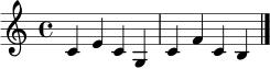 \relative c' { \time 4/4 c4 e c g c f c b \bar "|." }