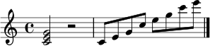 \relative c' {
\clef treble
\key c \major
\time 4/4
<c e g>2 r2
c8 e g c e g c e
\bar "|."
}