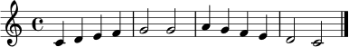 
\relative c' {
  \clef treble
  \key c \major
  \time 4/4
  c4 d e f | g2 g | a4 g f e | d2 c \bar "|."
}
