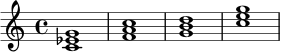 \relative c' { \clef treble \time 4/4 <c ees g>1 | <f a c>1 | <g b d>1 | <c e g>1 | }