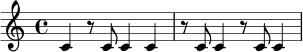 
\version "2.24.0"
\relative c' {
  \time 4/4
  c4 r8 c c4 c |
  r8 c c4 r8 c c4 |
}
