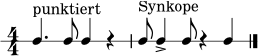 \version "2.22.0"
\paper { indent = 0\mm line-width = 135\mm }
\header { tagline = ##f }
\score {
\new RhythmicStaff {
\numericTimeSignature
\time 4/4
c'4.^\markup { "punktiert" } c'8 c'4 r4 |
c'8^\markup { "Synkope" } c'4-> c'8 r4 c'4 \bar "|."
}
\layout { }
\midi { \tempo 4 = 78 }
}