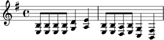
\relative c {
  \time 4/4
  \key e \minor
  <e b'>8 <e b'> <e b'> <e b'> <g d'>4 <a e'> |
  <e b'>8 <e b'> <d a'> <e b'> <c g'>4 <b fis'> |
}
