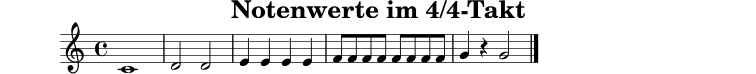 \version "2.24.0"
\paper { tagline = ##f }
\header { title = "Notenwerte im 4/4-Takt" }
notenwerte = \relative c' {
\clef treble
\key c \major
\time 4/4
c1 |
d2 d2 |
e4 e e e |
f8 f f f f f f f |
g4 r4 g2 \bar "|."
}
\score {
\new Staff \notenwerte
\layout { }
\midi { \tempo 4=72 }
}