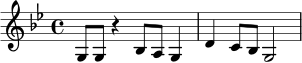 
\relative c' {
  \key g \minor
  \time 4/4
  g8 g r4 bes8 a g4 |
  d'4 c8 bes g2 |
}
