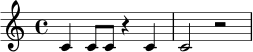 \relative c' {
\time 4/4
c4 c8 c8 r4 c4 | c2 r2 |
}