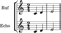 \version "2.24.0"
\score {
\new StaffGroup <<
\new Staff \with { instrumentName = "Ruf" } \relative c' { \clef treble \key c \major \time 2/4 c4 d | e2 | \bar "||" }
\new Staff \with { instrumentName = "Echo" } \relative c' { \clef treble \key c \major \time 2/4 c4 d | e2 | \bar "||" }
>>
\layout { }
\midi { }
}
