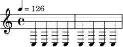\relative c {
\time 4/4
\tempo 4 = 126
c4 c c c |
c4 c c c |
}