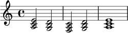 
\relative c' {
  \time 4/4
  \key a \minor
  <a c e>2 <g b d>2 |
  <f a c>2 <g b d>2 |
  <a c e>1 |
}
