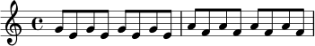 
\relative c'' {
  \key c \major
  \time 4/4
  g8 e g e g e g e |
  a8 f a f a f a f |
}

