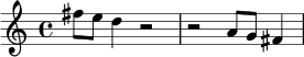 \relative c'' {
\time 4/4
fis8 e d4 r2 |
r2 a8 g fis4 |
}