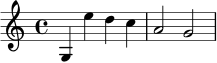 \relative c' {
\key c \major
\time 4/4
g4 e'' d c | a2 g2 |
}
