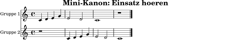 \version "2.22.0"
\header { title = "Mini-Kanon: Einsatz hoeren" tagline = "" }
\score {
<<
\new Staff \with { instrumentName = "Gruppe 1" } \relative c' {
\clef treble
\key c \major
\time 4/4
c4 d e g |
e2 d2 |
c1 |
r1 \bar "|."
}
\new Staff \with { instrumentName = "Gruppe 2" } \relative c' {
\clef treble
\key c \major
\time 4/4
r1 |
c4 d e g |
e2 d2 |
c1 \bar "|."
}
>>
\layout { }
\midi { \tempo 4 = 76 }
}