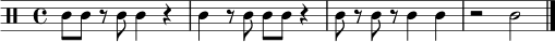 
\relative c' {
  \clef percussion
  \time 4/4
  c8 c r c c4 r | c4 r8 c c c r4 | c8 r c r c4 c | r2 c2 \bar "|."
}
