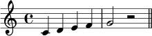\relative c' { \clef treble \key c \major \time 4/4 c4 d e f g2 r2 \bar "||" }