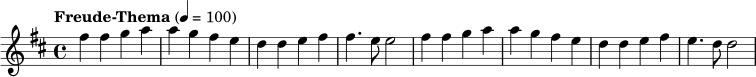 \relative c'' {
\clef treble
\key d \major
\time 4/4
\tempo "Freude-Thema" 4 = 100
fis4 fis g a
a g fis e
d d e fis
fis4. e8 e2
fis4 fis g a
a g fis e
d d e fis
e4. d8 d2
}