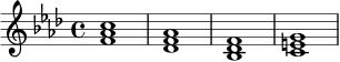 
\relative c' {
  \key f \minor
  \time 4/4
  <f aes c>1 | <des f aes>1 | <bes des f>1 | <c e g>1 |
}
