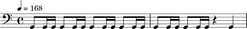 \relative c {
\clef bass
\time 4/4
\tempo 4 = 168
g8 g16 g g8 g16 g g8 g16 g g8 g16 g |
g8 g16 g g8 g16 g r4 g4 |
}