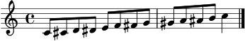 \version "2.22.0"
\language "deutsch"
\header { tagline = "" }
\score {
\new Staff \relative c' {
\clef treble
\time 4/4
c8 cis d dis e f fis g gis a ais h c4
\bar "|."
}
\layout { }
\midi { \tempo 4 = 80 }
}