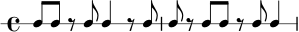 
\new RhythmicStaff {
  \time 4/4
  c8 c r c c4 r8 c | c8 r c c r c c4 |
}
