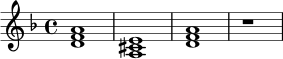 \relative d' {
\key d \minor
\time 4/4
<d f a>1 | <a cis e>1 | <d f a>1 | r1
}