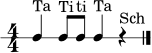 \version "2.22.0"
\paper { indent = 0\mm line-width = 135\mm }
\header { tagline = ##f }
\score {
\new RhythmicStaff {
\numericTimeSignature
\time 4/4
c'4^\markup { "Ta" } c'8^\markup { "Ti" } c'8^\markup { "ti" } c'4^\markup { "Ta" } r4^\markup { "Sch" } \bar "|."
}
\layout { }
\midi { \tempo 4 = 84 }
}