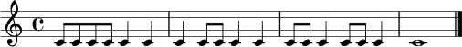 \relative c' {
\time 4/4
c8 c c c c4 c | c4 c8 c c4 c | c8 c c4 c8 c c4 | c1 \bar "|."
}