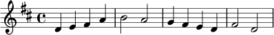 \relative c' {
\key d \major
\time 4/4
d4 e fis a | b2 a | g4 fis e d | fis2 d
}