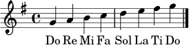 \relative g' {
\clef treble
\time 4/4
\key g \major
g4 a b c | d e fis g \bar "|."
}
\addlyrics { Do Re Mi Fa Sol La Ti Do }