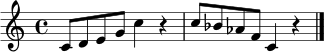 \relative c' { \time 4/4 c8 d e g c4 r4 | c8 bes aes f c4 r4 \bar "|." }