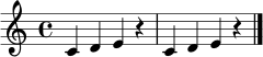\relative c' { \clef treble \time 4/4 c4 d4 e4 r4 | c4 d4 e4 r4 \bar "|." }