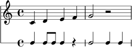 \score {
<<
\new Staff \relative c' { \clef treble \time 4/4 c4 d4 e4 f4 | g2 r2 | }
\new RhythmicStaff { c4 c8 c8 c4 r4 | c2 c4 c4 | }
>>
\layout { }
\midi { \tempo 4 = 96 }
}