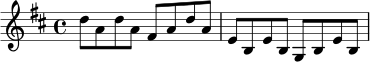 
\relative c'' {
  \key d \major
  \time 4/4
  d8 a d a fis a d a | e8 b e b g b e b |
}
