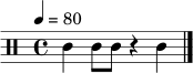 \relative c' { \clef percussion \time 4/4 \tempo 4 = 80 c4 c8 c8 r4 c4 \bar "|." }