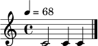\relative c' { \tempo 4=68 \time 4/4 c2 c4 c4 \bar "|." }