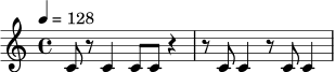 \relative c' {
\time 4/4
\tempo 4 = 128
c8 r c4 c8 c r4 |
r8 c c4 r8 c c4 |
}