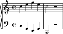\new PianoStaff <<
\new Staff \relative c'' {
\clef treble
\time 4/4
c4 e g e | c2 r2
}
\new Staff \relative c {
\clef bass
\time 4/4
c4 g e g | c,2 r2
}
>>